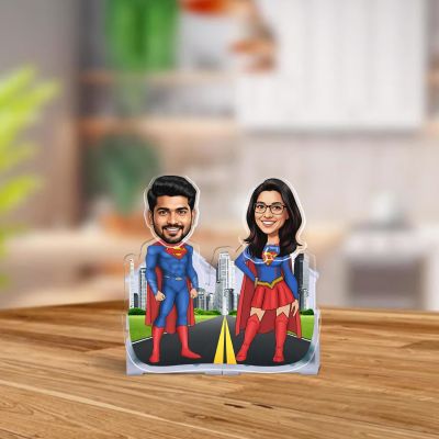 Personalized Super Man & Women Theme Bobblehead Caricature for Home Decor & Car Dashboard Solar Powered Moving Head Funny Gift for Couples